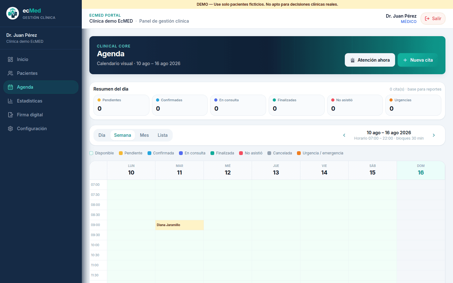 Calendario semanal de agenda clínica con estados de citas