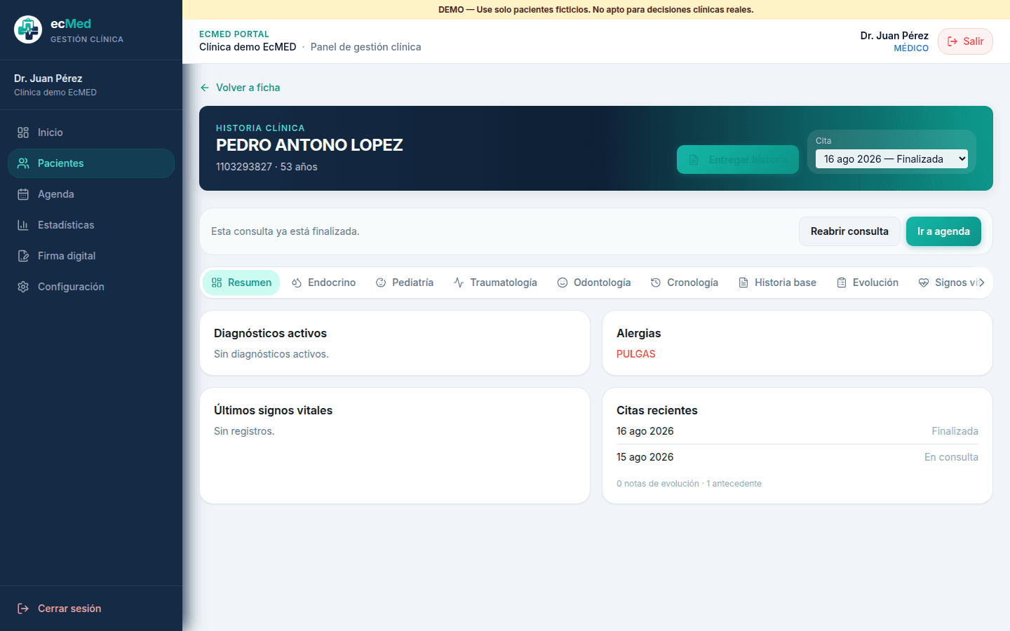 Resumen de historia clínica en un software de gestión clínica