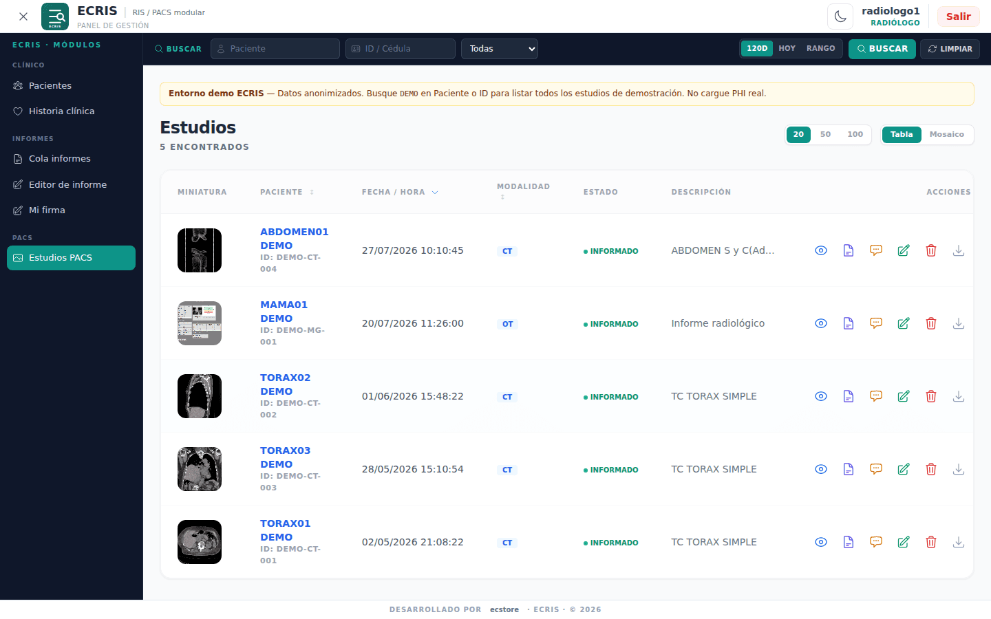 Listado de estudios de imagen médica en un portal clínico